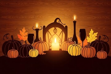 Spooky halloween scene with pumpkins candles and autumn leaves isolated on transparent background