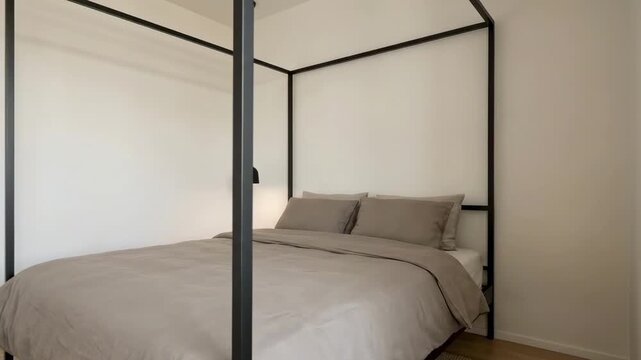 simple bedroom design ideas - A minimalist bedroom featuring a stylish four-poster bed with neutral-toned bedding, complemented by a simple pendant light, creating a serene atmosphere