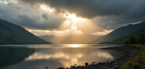 Sunbeams break through cloudy sky over calm lake. Green mountains rise from water shore. Rocky coast meets tranquil blue water with reflections. Serene nature scene.