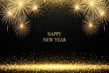 Golden fireworks display celebrating happy new year isolated on transparent background
