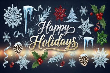 Festive happy holidays text surrounded by winter snowflakes and christmas decorations isolated on transparent background