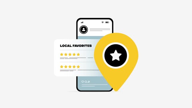 Local business marketing animation map pin with customer reviews and mobile app interface. Local business marketing animation search visibility, rating growth for local services motion graphic video