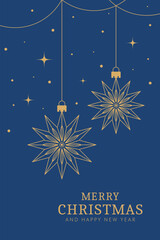 Blue Christmas greeting card template vector; Luxury hanging star decorations ornaments; Merry Christmas poster background