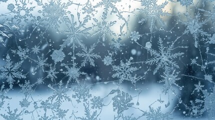 Close-up of intricate frost patterns on a windowpane, blurred winter scene outside, delicate crystalline textures, feeling of warmth looking outwards. Generative AI