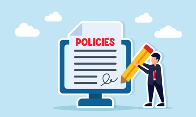 Businessman signing a policies document emerging from a computer monitor illustrating agreement and approval in implementing business cooperation policies