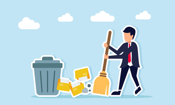Businessman sweeping and cleaning multiple document folders illustrating removing unnecessary files for more efficient document archiving