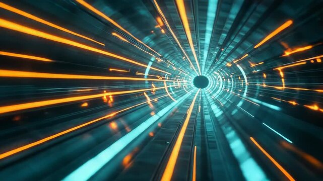 Abstract data tunnel with glowing light streams transmitting information