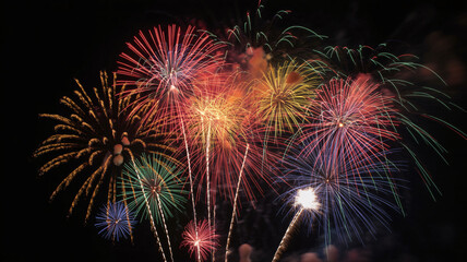 Obraz premium A spectacular display of colorful fireworks illuminating the dark night sky with vibrant bursts and sparkling trails.