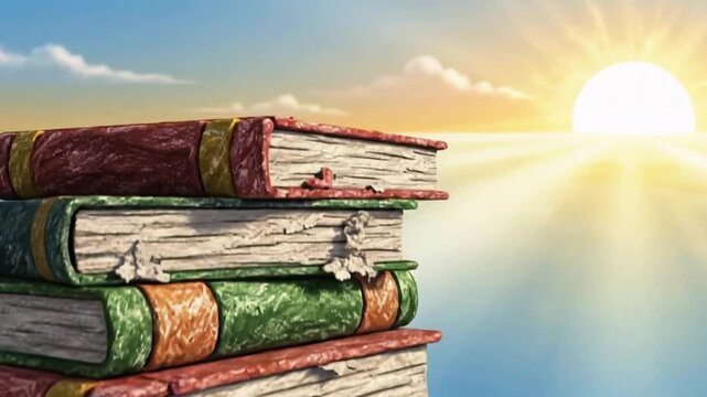Crayon-Style Book Staircase Rising Toward a Bright Horizon of Opportunity