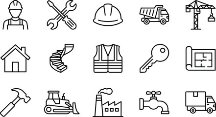 Construction, Building, and Industry Line Icon Set, Including Engineer, Tools, Hard Hat, Crane, Dump Truck, Architecture Blueprint, and Factory Symbols. © Ashadujjaman