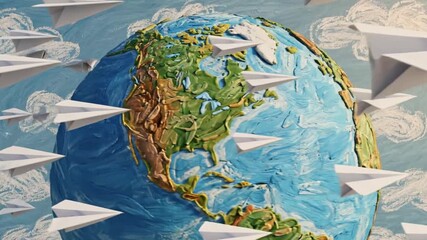 Crayon-Style Globe with Floating Paper Planes Symbolizing Global Education Access