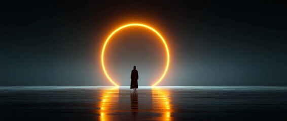 A solitary figure stands before a radiant circular portal glowing above a reflective surface.