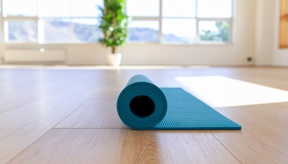 Serene yoga studio scene with a teal mat unrolled on polished wooden floors, inviting mindful exercise and wellness practices