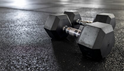 Pair of hexagonal dumbbells resting on a textured gym floor, ready for a challenging strength training workout session
