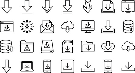 Download Icon Set: Arrows, Cloud, Data, Computer, Mobile, Folder, and File Symbols for Web, App, and Interface Design Elements, Simple Vector Line Style