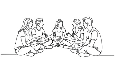 Continuous one line drawing of Group of young people sitting on ground together and talking on transparent background