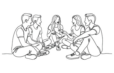 Continuous one line drawing of Group of young people sitting on ground together and talking on transparent background