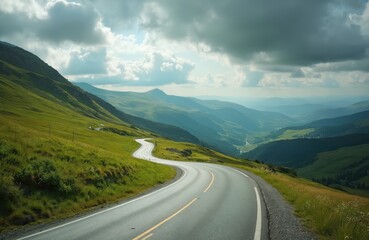 Winding mountain road ascends through lush green hills under a dramatic cloudy sky. Valley vistas stretch into the distance creating a sense of adventure and escape.