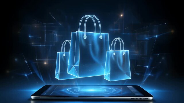Digital Shopping - Futuristic Online Retail Experience with Holographic Bags.