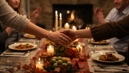 Family holding hands to pray or give thanks at a warmly lit table set for a thanksgiving or christmas holiday dinner.
