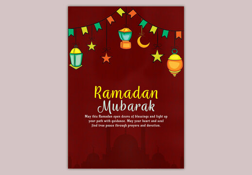 Editable Ramadan Mubarak Greeting Card Template with Decorative Lanterns and Festive Elements on Silhouette of Mosque Background.