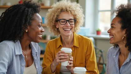 Three diverse women share laughs over coffee cups in a cozy lounge area. They appear to be colleagues taking a pleasant break together, enjoying each others company and a warm drink.