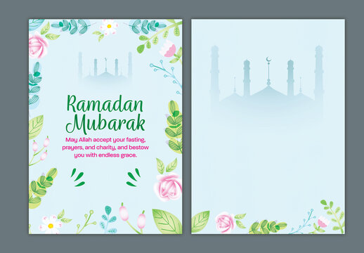 Editable Ramadan Mubarak Greeting Card Templates with Floral and Blue Mosque Silhouette Background in Front and Back Side.