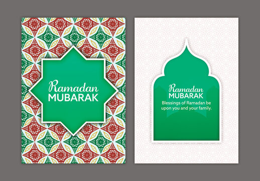 Editable Ramadan Mubarak Greeting Card Templates with Islamic Geometric Pattern and Green Mosque Frame in Front and Back Side.