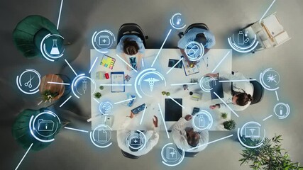 Doctors analyzing clinical trial research with smart health software, concept of digital ecosystem. Top down view of medical team coworkers uploading patient records database on cloud network - Powered by Adobe