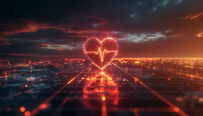 Futuristic Health Data Flow Digital Heart Pulse Illuminating a Networked City