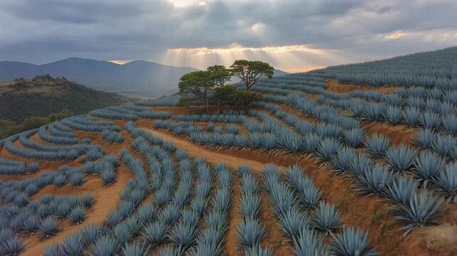 Dramatic aerial view of blue agave fields and sun rays over a Mexican mountain landscape.
