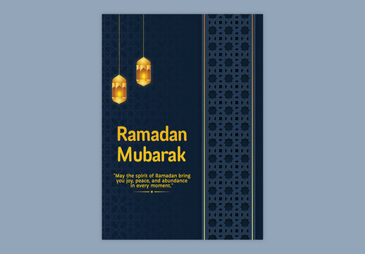 Editable Ramadan Mubarak Greeting Card Template with Golden Arabic Golden Lamps on Blue Islamic Pattern Background.