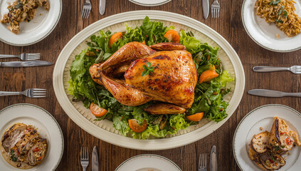 Top view of a beautifully roasted whole chicken or turkey on a platter with salad, surrounded by various side dishes and set table settings.

