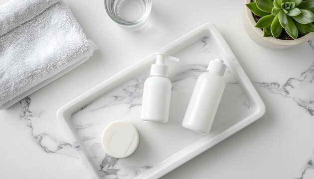 Fresh white personal care products, soft towel, and serene succulent on elegant marble surface, perfect for daily self-care ritual