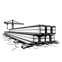 Steel beams on construction site with crane, industrial infrastructure and building materials