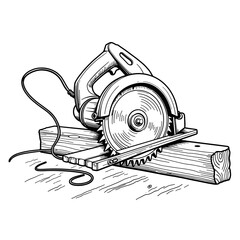Circular saw cutting wooden beam, woodworking tool and carpentry precision in construction