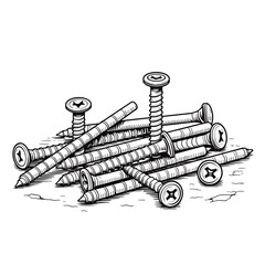 Line art illustration of nails and screws on workshop bench, hardware tools and construction elements in DIY context
