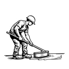 Worker smoothing wet concrete with float, construction labor and precision in building industry