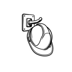 Hard hat hanging on wall hook, construction safety equipment and workplace protection