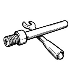 Line Art of Socket Wrench and Bolt on White Background, Tool Mechanics and Metalwork Precision