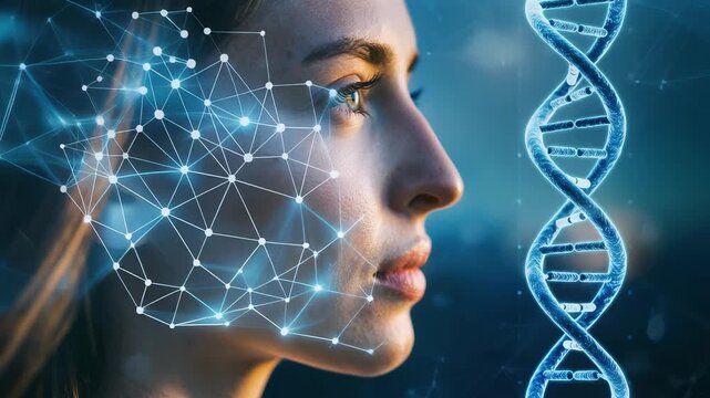 Stunning portrait of woman with DNA and digital connections representing genetics and technology