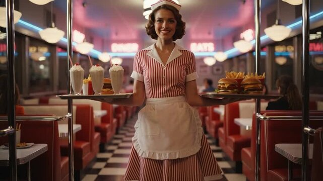 Retro American diner waitress carrying milkshakes and burgers, smiling as she serves food in a vibrant 1950s-style restaurant.