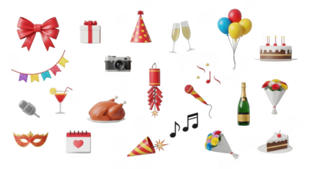Celebration elements including balloons, confetti, cake, champagne, and party decorations on transparent background