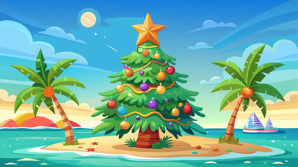 Obraz premium A unique Christmas tree decorated with festive ornaments standing proudly on a sunny tropical beach, surrounded by clear blue water, golden sand, and bright holiday sunshine creating a joyful seaside 