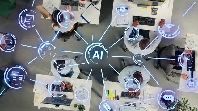 Business team uses artificial intelligence tech to automate data entry tasks, digital ecosystem HUD overlay. Top down view of company workers streamlining workflow using AI machine learning operations