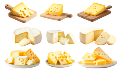 Various types of cheese wheels and wedges including soft, hard, blue, and aged styles, isolated on white background, concept of dairy variety