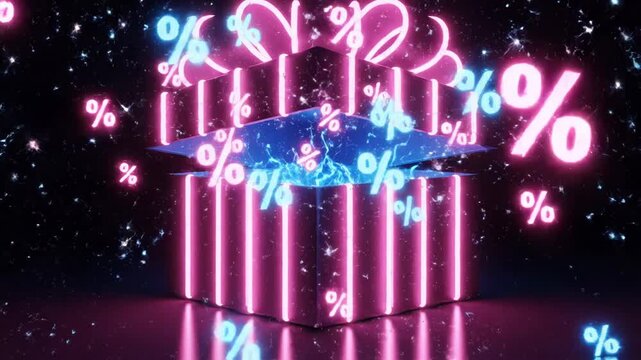Neon pink gift box opening with glowing percentage signs and blue light