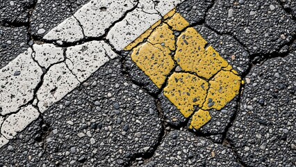 Close up of cracked asphalt road with white and yellow directional lines, showing wear and tear