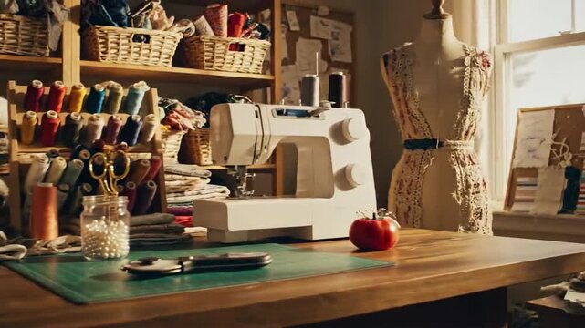 Sewing Room Scene Showing Craft Supplies, a Sewing Machine and Fabric Displayed Elegantly