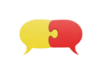 Two overlapping speech bubbles in red and yellow colors representing communication and dialogue isolated on transparent background